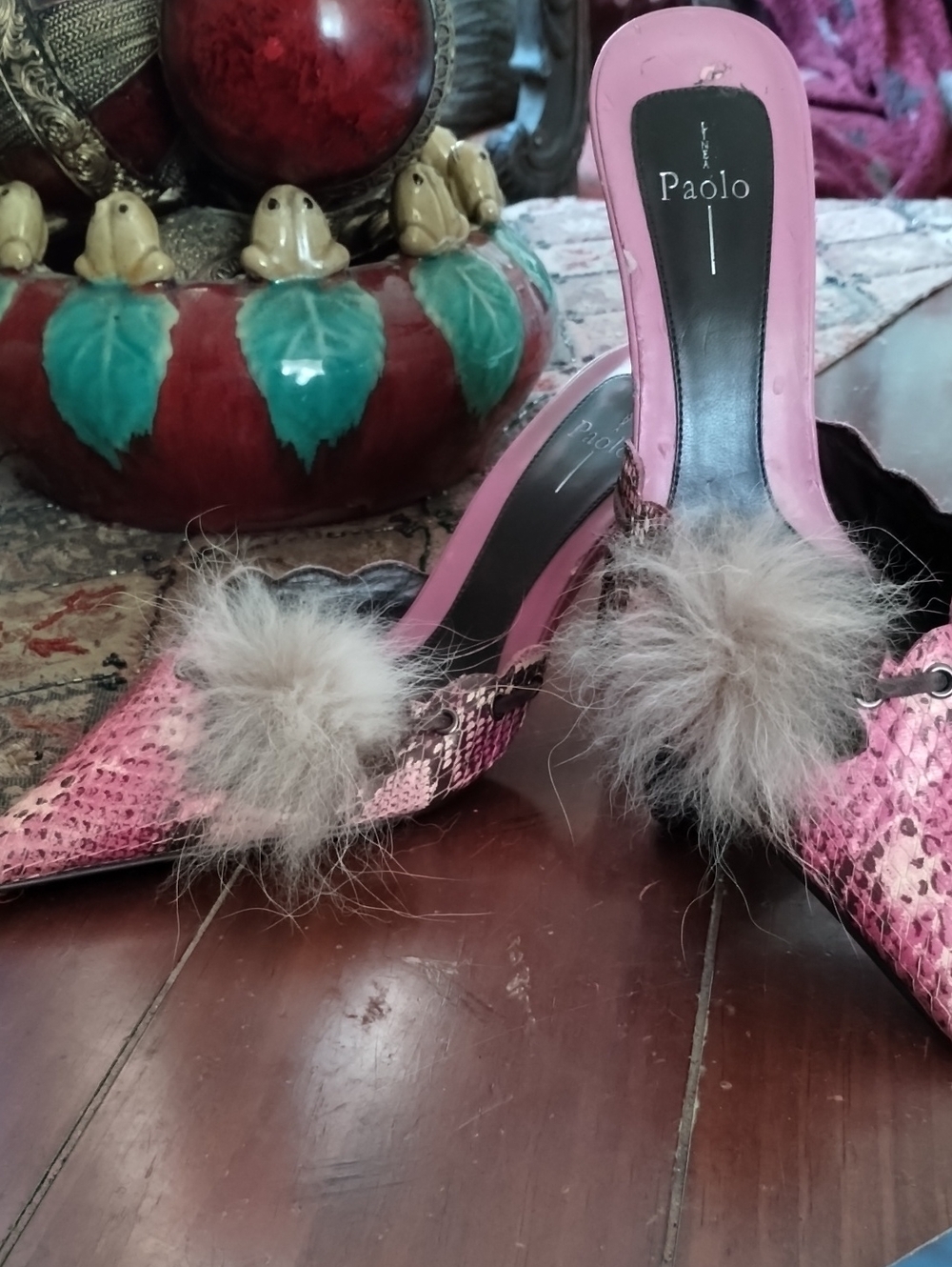 Paolo Pink Snake-Print Mules with Taupe Fur Pom